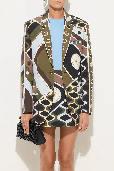 Pucci Vivara-print Oversized Jacket In Khaki Blue In Multi