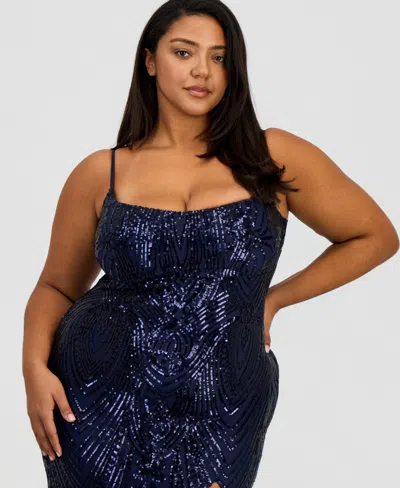 B Darlin Trendy Plus Size Patterned Sequined Back-tie Gown In Blue
