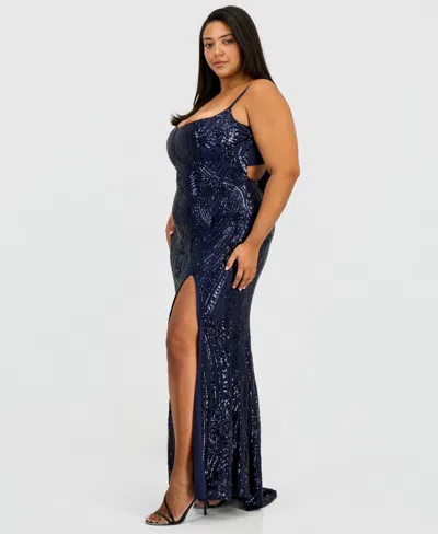 B Darlin Trendy Plus Size Patterned Sequined Back-tie Gown In Blue