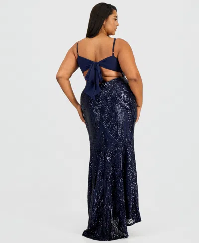B Darlin Trendy Plus Size Patterned Sequined Back-tie Gown In Blue
