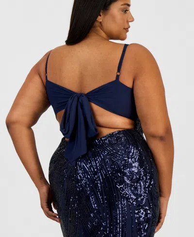 B Darlin Trendy Plus Size Patterned Sequined Back-tie Gown In Blue