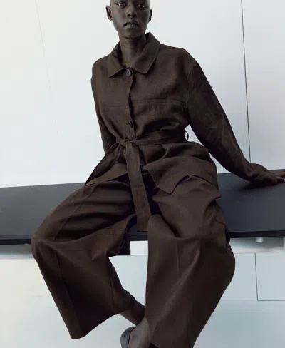 Mango Belted Linen Jacket In Brown