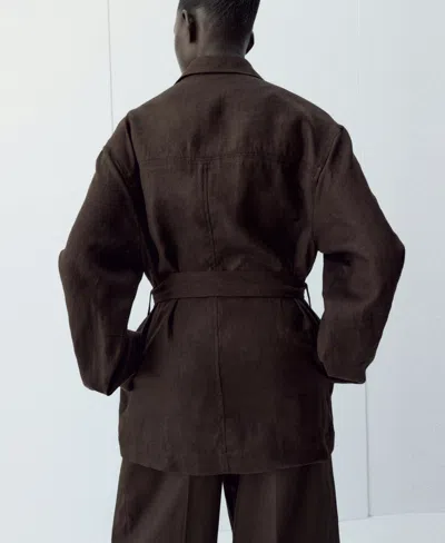 Mango Belted Linen Jacket In Brown