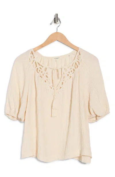 Max Studio Three Quarter Sleeve Split Neck Top In Neutral