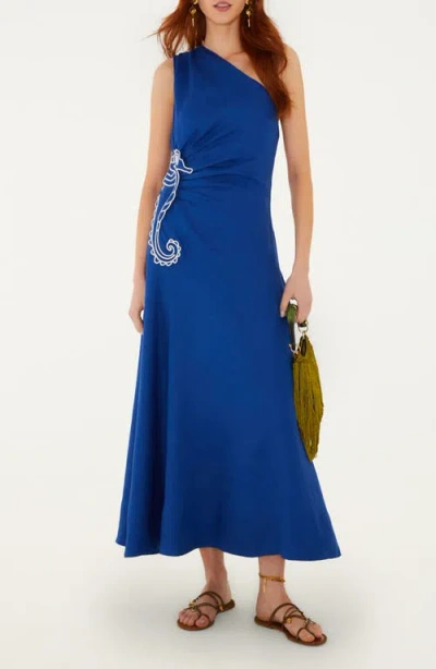 Farm Rio Embroidered Seahorse One-shoulder Linen Dress In Blue