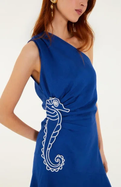 Farm Rio Embroidered Seahorse One-shoulder Linen Dress In Blue