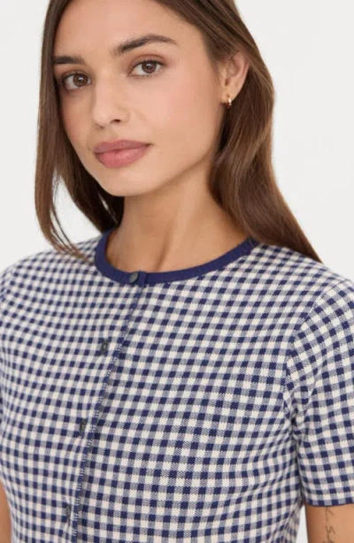 Good American Fine Knit Round Neck Short Sleeve Button Up Top In Blue