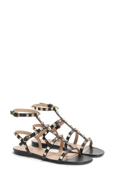 Valentino Garavani Rockstud Flat Calfskin Sandal With Straps Woman Black 40 In Black