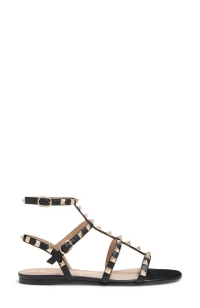 Valentino Garavani Rockstud Flat Calfskin Sandal With Straps Woman Black 40 In Black