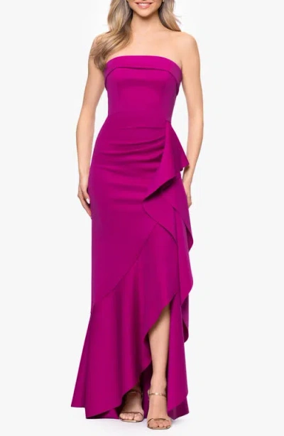 Xscape Evenings Cascade Ruffle Strapless Scuba Crepe Gown In Purple