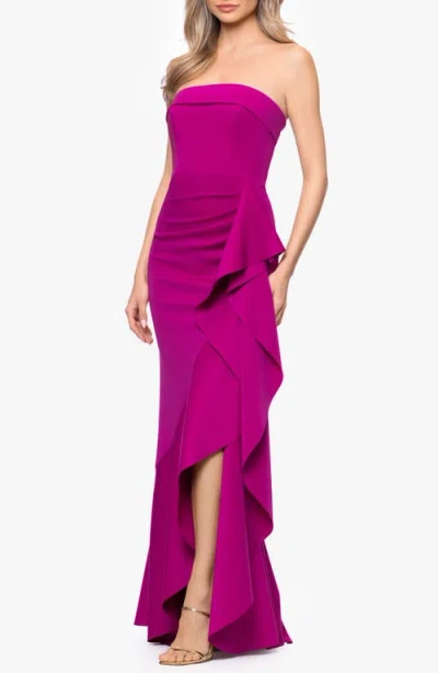 Xscape Evenings Cascade Ruffle Strapless Scuba Crepe Gown In Purple