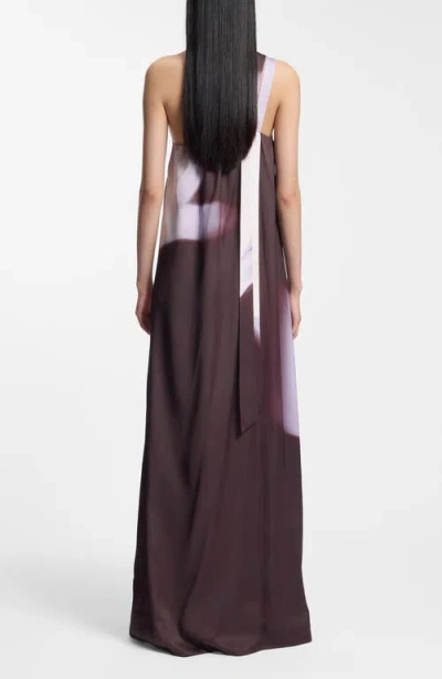 Hugo Boss Boss Dantea One-shoulder Floral Print Gown In Brown