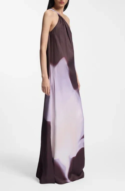 Hugo Boss Boss Dantea One-shoulder Floral Print Gown In Brown