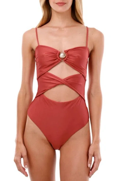 Malai Fabed Rose Wavelet Twist Front Cutout One-piece Swimsuit In Brown