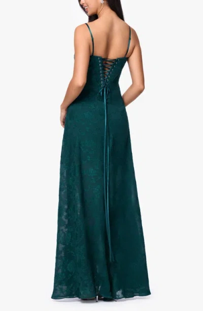 Betsy & Adam Floral Jacquard Chiffon Gown In Green
