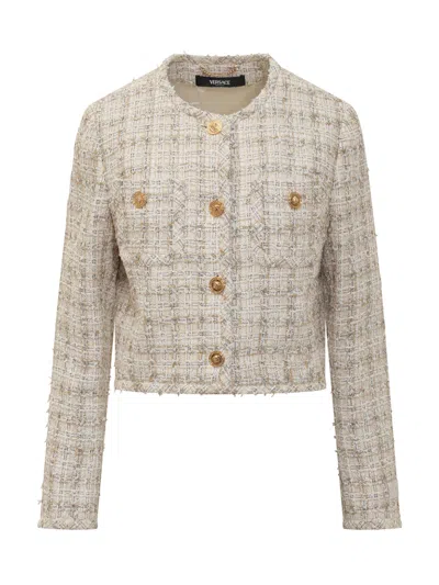 Versace Long Sleeves Tweed Blazer With Front Pockets In Pink