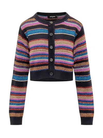 Dsquared2 Cropped Long Sleeve Striped Glitter Sweater In Multi
