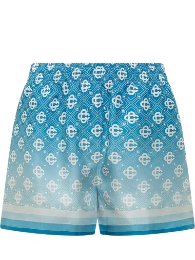Casablanca Light Blue Monogram Gradient-effect Drawstring Silk Shorts In Blue