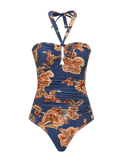 Zimmermann Aster Printed Halterneck Stretch-polyamide Swimsuit In Blue
