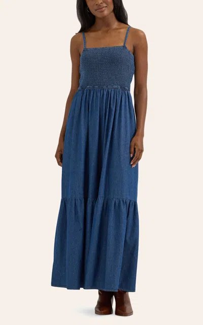 Wrangler Women's Smocked Bodice Denim Maxi Dress In Midnight In Blue