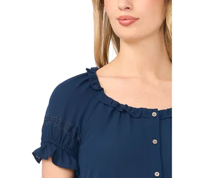 Cece Wide Ruffle Button Front Shirt In Blue