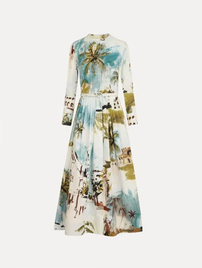 Oscar De La Renta Long-sleeve Landscape-print Cotton Poplin Midi Shirtdress With Belt In Multi