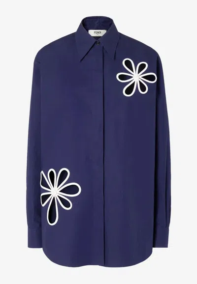 Fendi Poplin Shirt With Cut-out Details In Blue