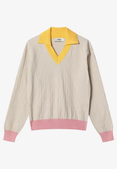 Fendi Knitwear Long Sleeves V Neck Contrasting Collar In Neutral