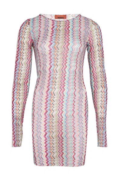 Missoni Midi Dress In Zig Zag Printed Tulle Multicolor 3d Chevron In Multi