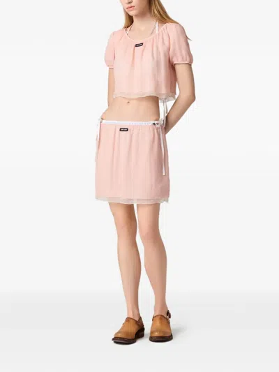 Miu Miu Layered Crinkle Silk Crop Top In Pink