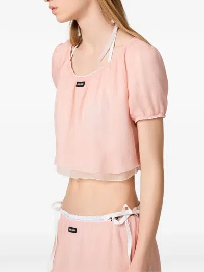 Miu Miu Layered Crinkle Silk Crop Top In Pink