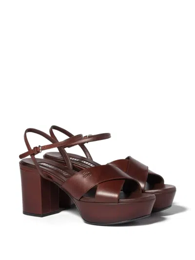 Miu Miu Leather Platform Sandals With 3.5 Cm Plateau And 7.5 Cm Heel In Brown