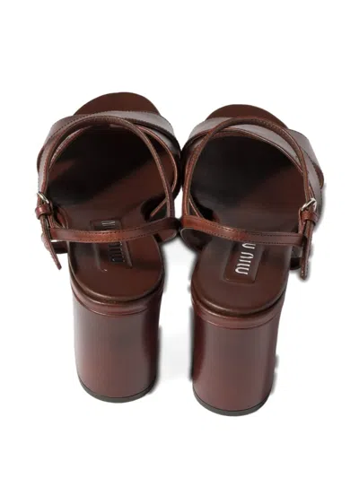 Miu Miu Leather Platform Sandals With 3.5 Cm Plateau And 7.5 Cm Heel In Brown