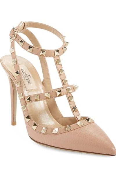 Shop Valentino Rockstud T-strap Pointy Toe Pump In Beige Leather