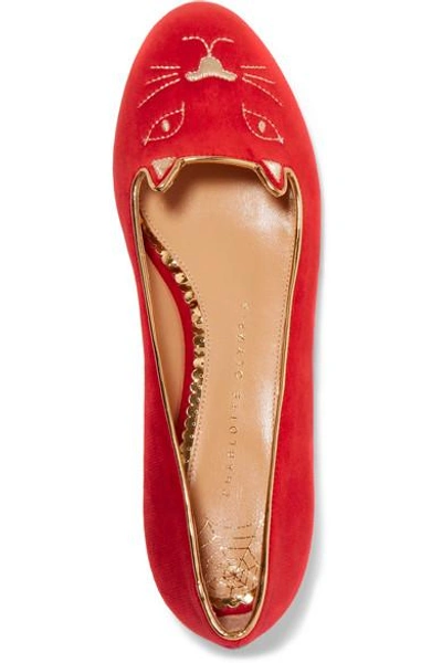 Shop Charlotte Olympia Kitty Embroidered Velvet Slippers In Red