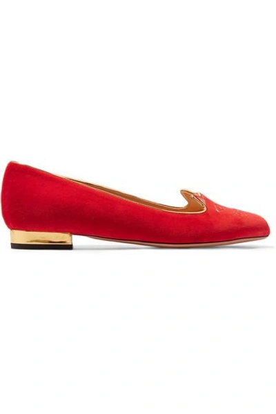 Shop Charlotte Olympia Kitty Embroidered Velvet Slippers In Red