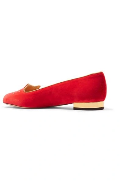 Shop Charlotte Olympia Kitty Embroidered Velvet Slippers In Red