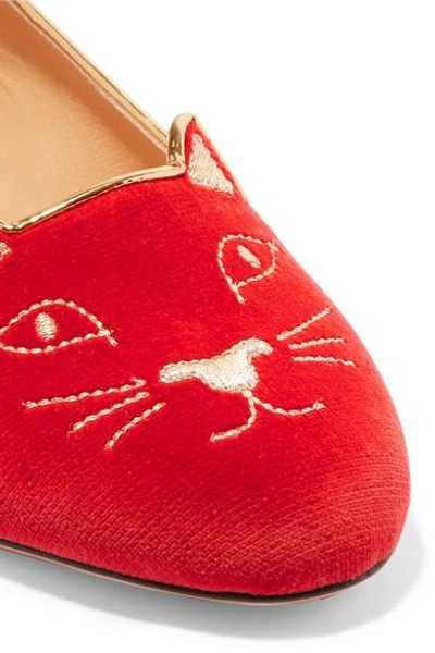 Shop Charlotte Olympia Kitty Embroidered Velvet Slippers In Red