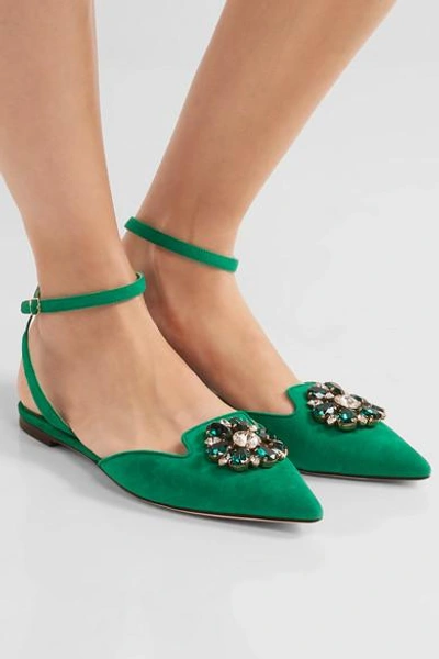 Shop Dolce & Gabbana Bellucci 水晶缀饰绒面革尖头平底鞋