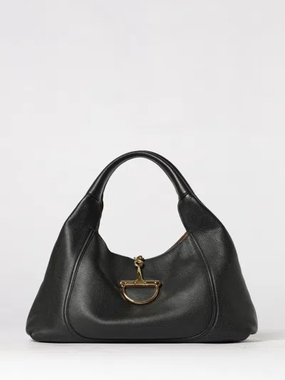 Gucci Women Black Shoulder Bag With Horsebit Closure In Grained Leather Woman In Black