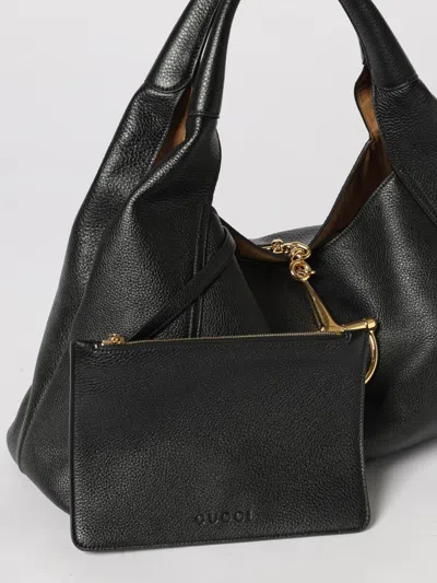 Gucci Women Black Shoulder Bag With Horsebit Closure In Grained Leather Woman In Black