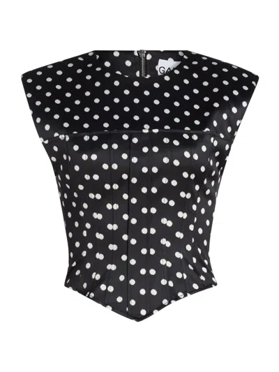 Ganni Womens Black Padded-shoulder Polka-dot Satin Corset Top