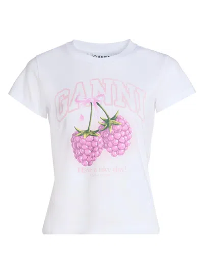 Ganni Baby Fit Raspberry T-shirt In Bright White