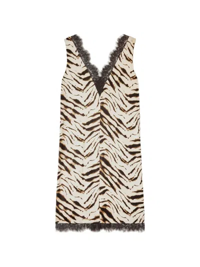 Ganni Zebra Motif Midi Dress V Neckline Sleeveless In Neutral