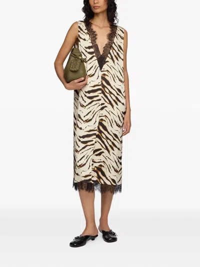 Ganni Zebra Motif Midi Dress V Neckline Sleeveless In Neutral