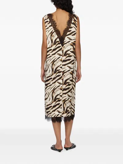 Ganni Zebra Motif Midi Dress V Neckline Sleeveless In Neutral