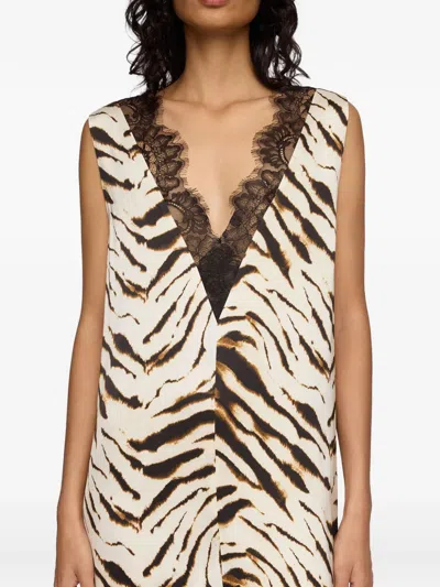 Ganni Zebra Motif Midi Dress V Neckline Sleeveless In Neutral