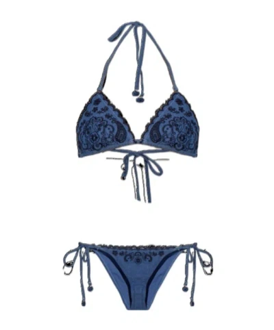 Zimmermann Aster Paisley Embroidered Denim Two-piece Swimsuit In Blue