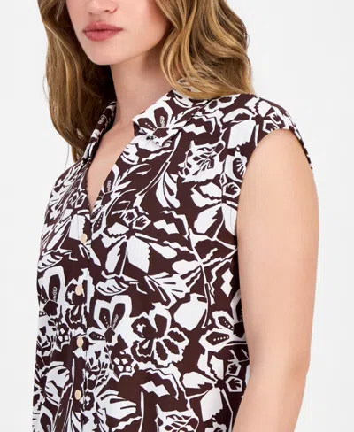 Anne Klein Essentials Petite Collared Button-front Top In Brown