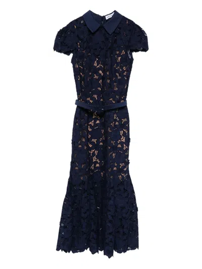 Self-portrait Guipure Blue Long Dress With Lace Design And Adjustable Waist Belt In Fabric Woman In Blue